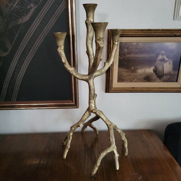 Gold Metal Faux Bois Candle Holder, Gold Branch Candelabra, Farmhouse,  20" Tall - Picture 1 of 4